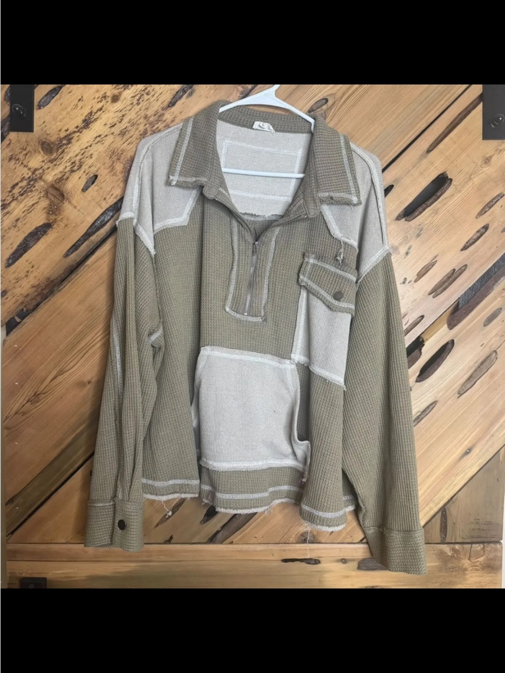POL Two-Tone Zip Waffle Knit Sweater - Olive & Cream